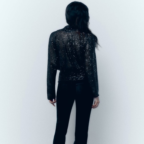NWT Zara Draped Black Sequin Blouse - Picture 2 of 13